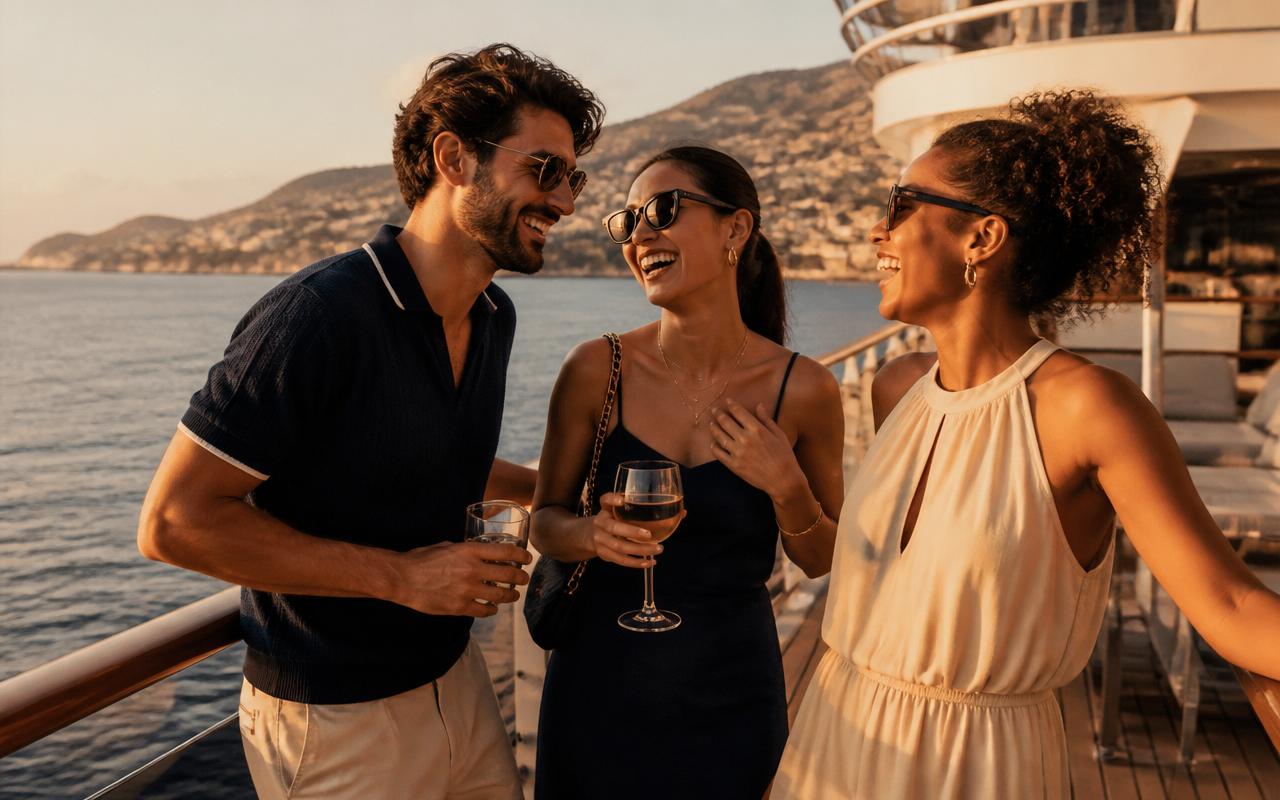 Diverse friends enjoying drinks on a luxury cruise deck at sunset