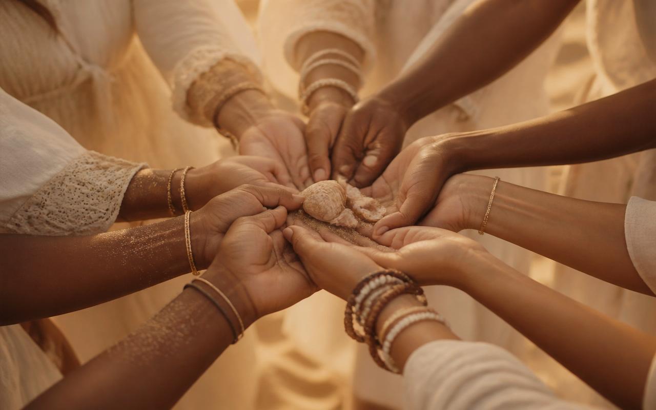 Diverse hands joined together in a circle, symbolizing community and giving
