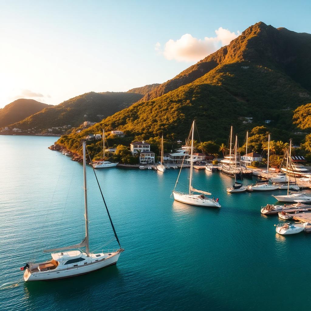 Caribbean harbor with turquoise water, sailboats, and green hills at golden hour