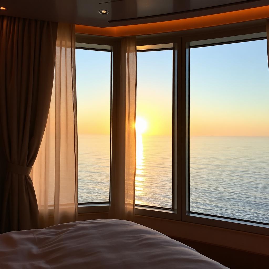 A suite window with a calm view of the ocean