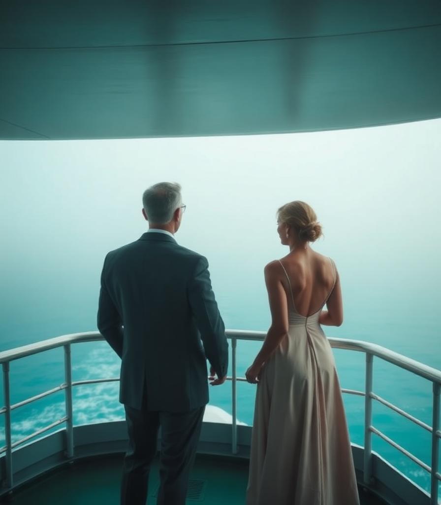 A mature couple standing on a ferry deck in soft fog