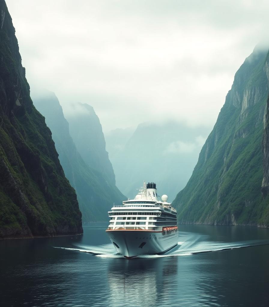 Cruise ship sailing in a fjord under soft light