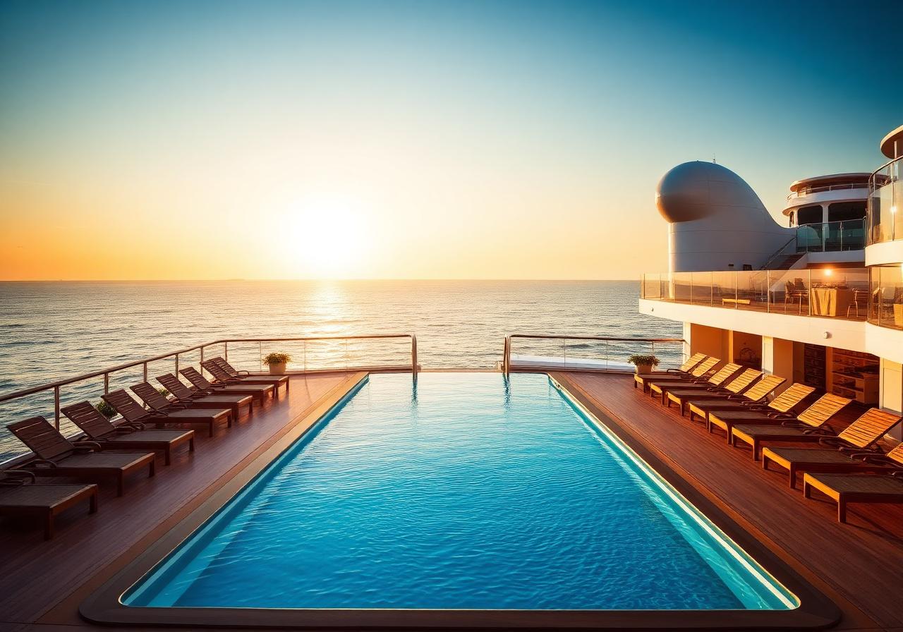 Adults-only cruise ship pool deck at golden hour