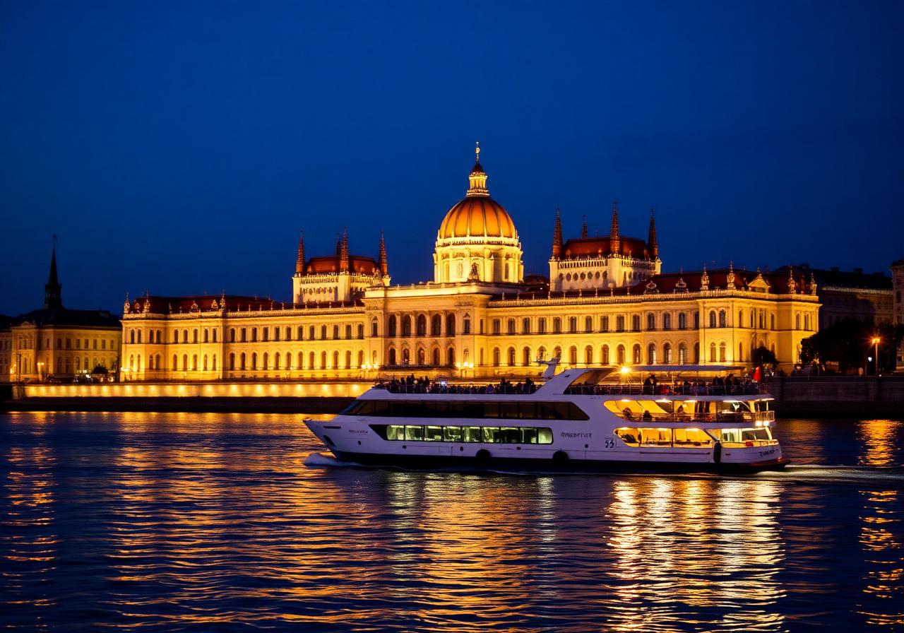 A river cruise ship sailing past the Hungarian Parliament at golden hour