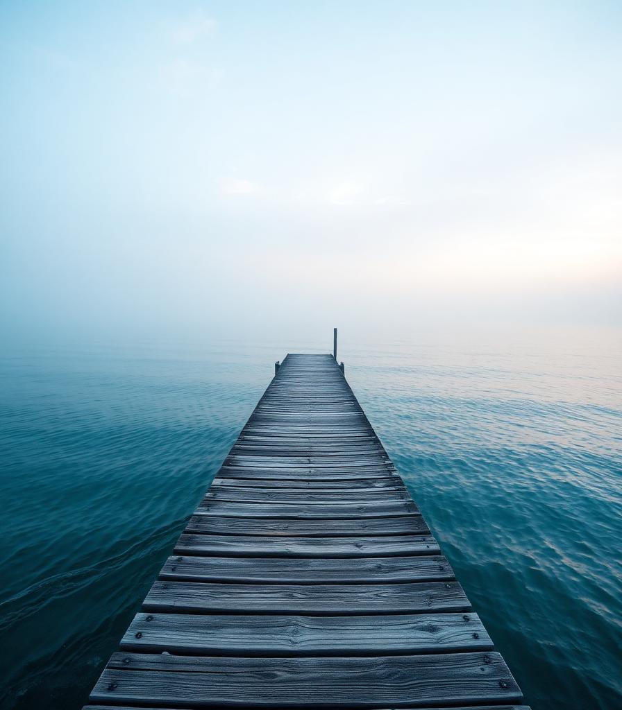 A weathered wooden dock beside a calm ocean