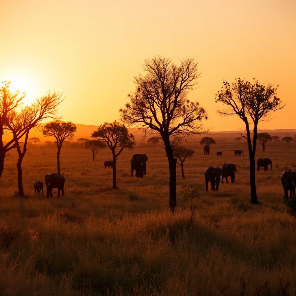 Elephants and acacia trees on the East African savanna at golden hour