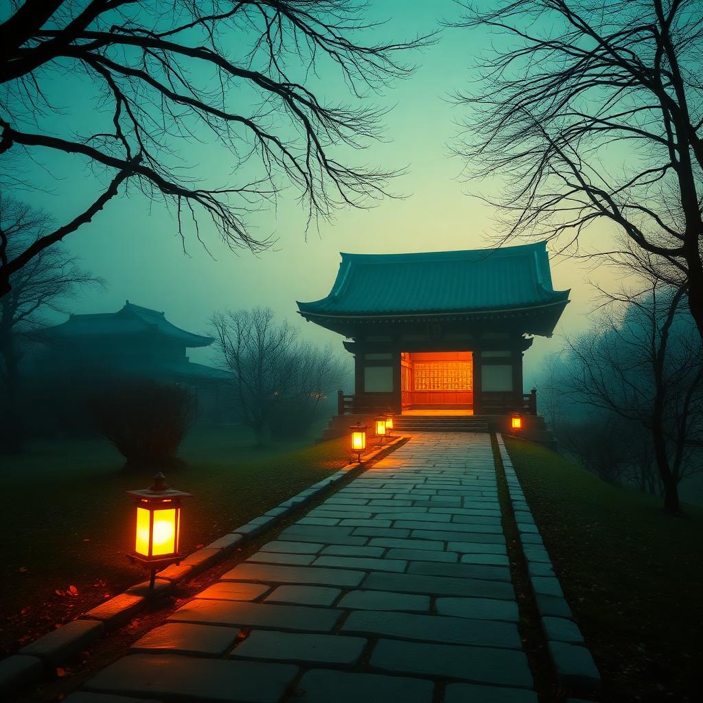 Lantern-lit stone path leading to a serene Japanese temple at dusk