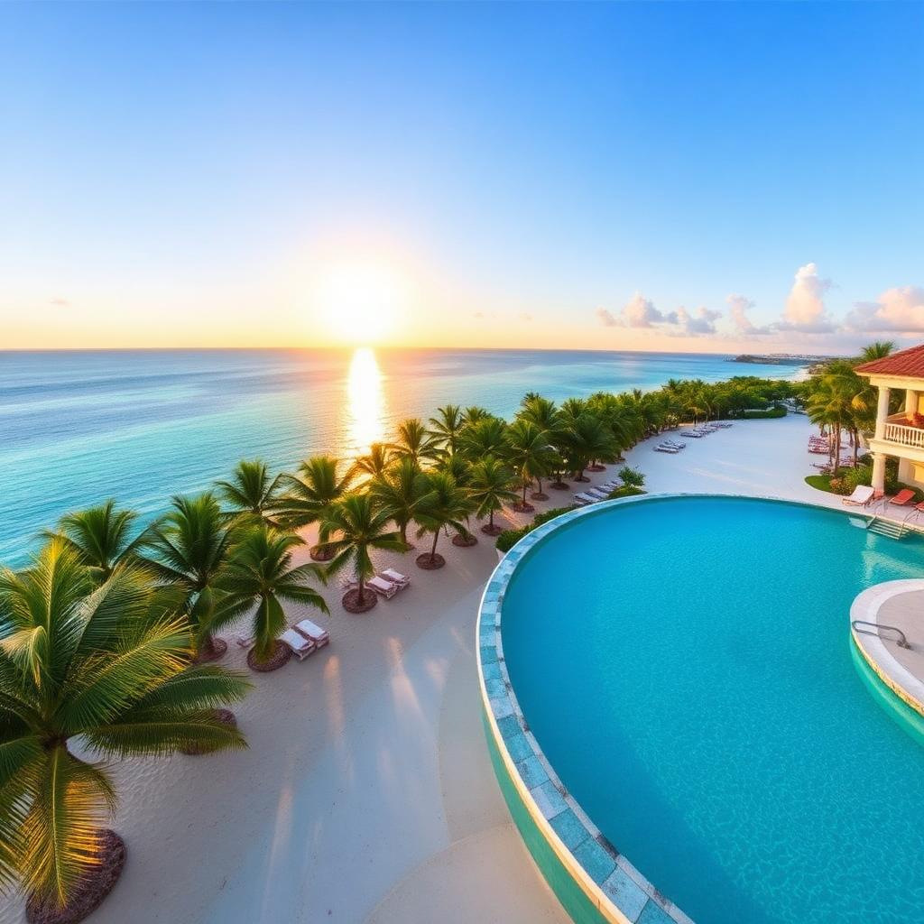 Palm-lined Caribbean beach with an elevated resort pool at golden hour