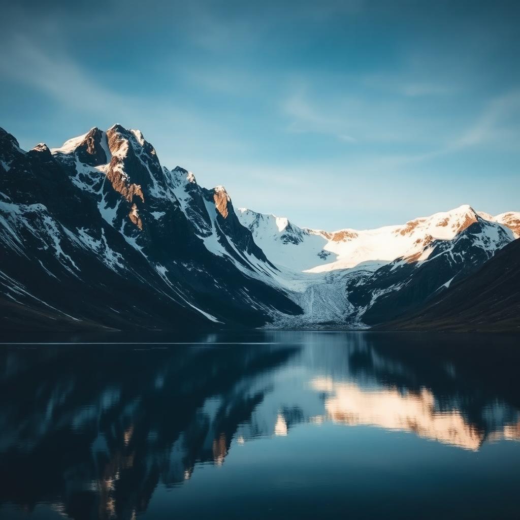 Snow-capped Patagonian peaks mirrored in a still glacial lake